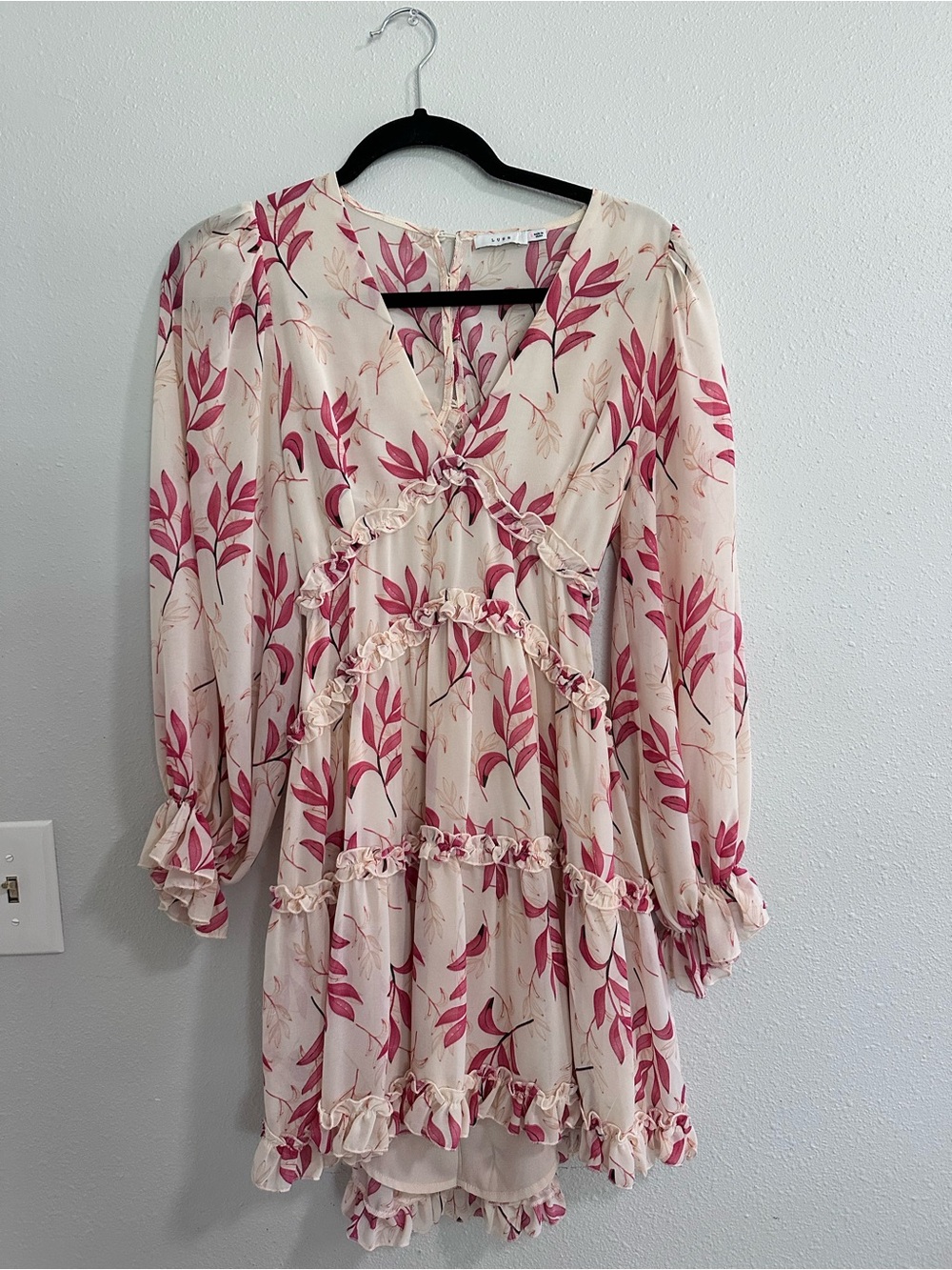 Lush Cream Mini Dress with Pink Leaf Print